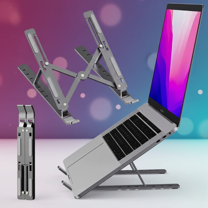 Premium aluminum Laptop Stand Silver &amp; Black With Detachable Single  - 7 Gear To Adjust Height &amp; Anti Slip Rubber Grip