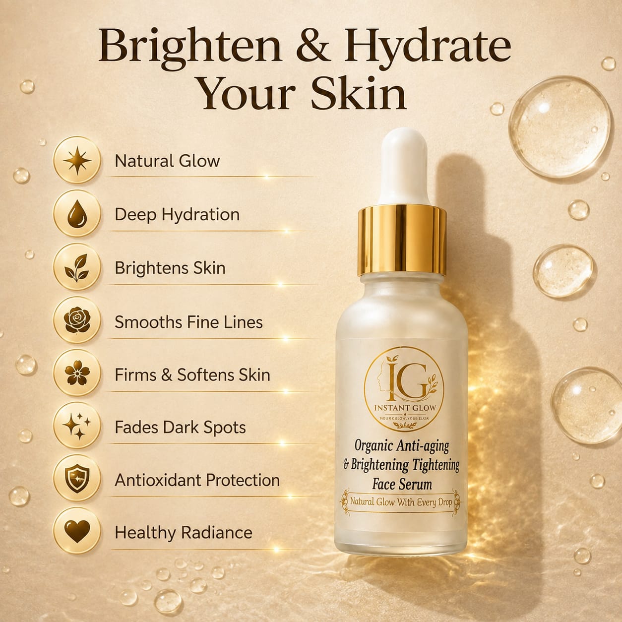 Organic Anti-Aging &amp; Brightening Face Serum – Instant Glow &amp; Skin Tightening - 30ml